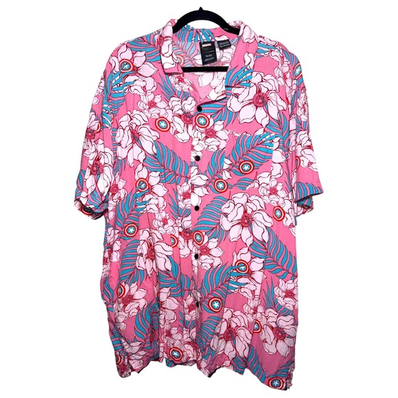 Marvel Other - Marvel Captain America Hawaiian Shirt Pink Floral Rayon Camp Shirt 3XL